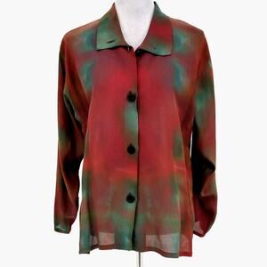 Farley Farley Top Womens Small Red Green Blouse Tunic Buttons Art to Wear